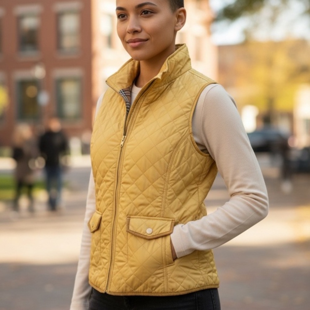 Women’s Mustard Yellow Quilted Puffer Vest Zip Front Lightweight Preppy Size S